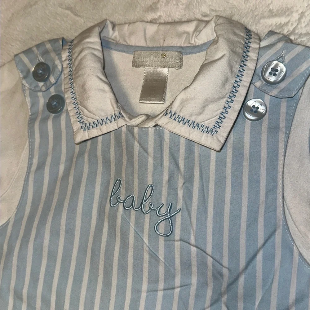 THE CHILDREN’S PLACE BABY LUXURIES BLUE STRIPED BABY ROMPER BODYSUIT HAT 6-12 MO - Picture 2 of 4